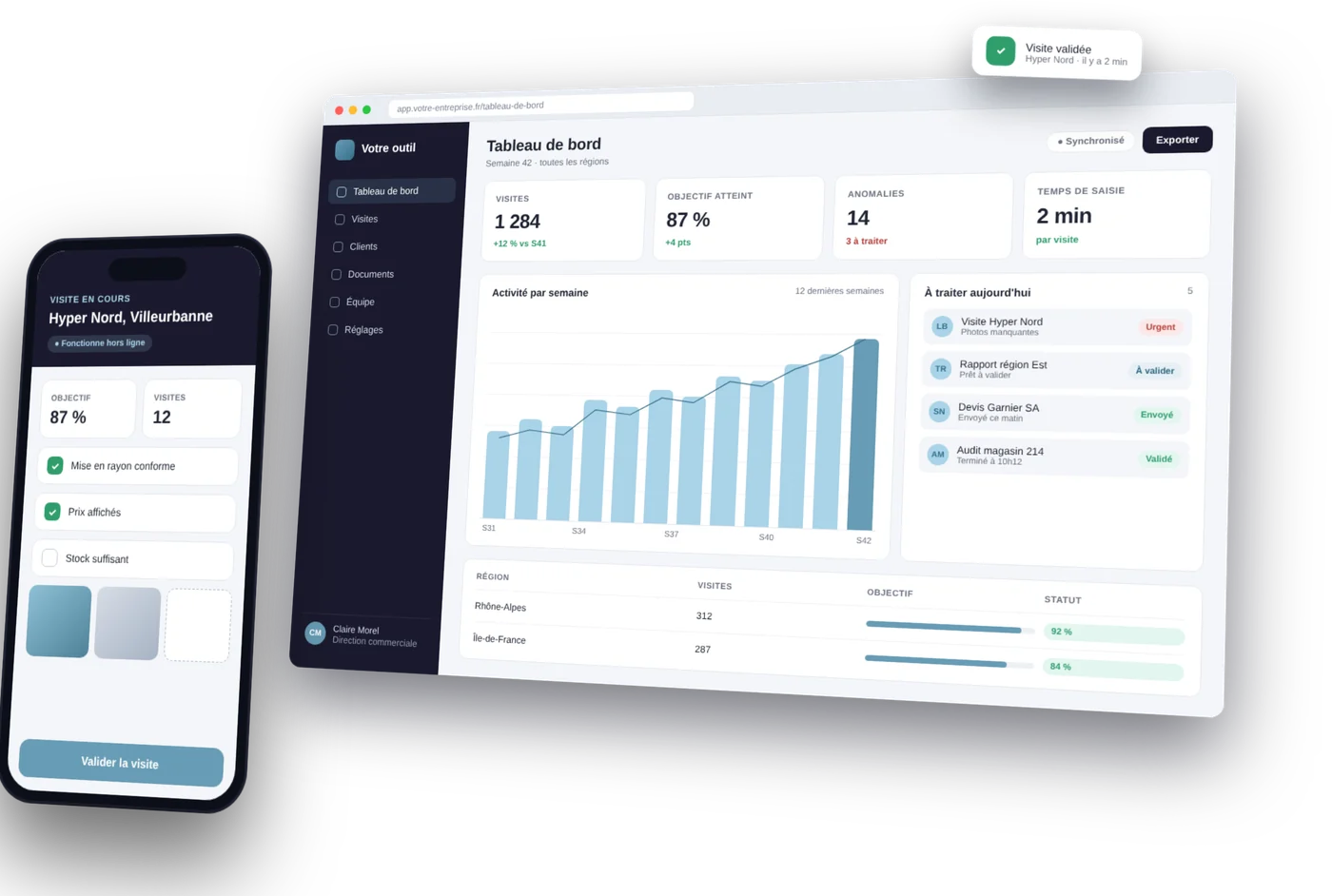 Logiciel métier sur mesure : tableau de bord sur ordinateur et application mobile de visite terrain, fonctionnant hors ligne